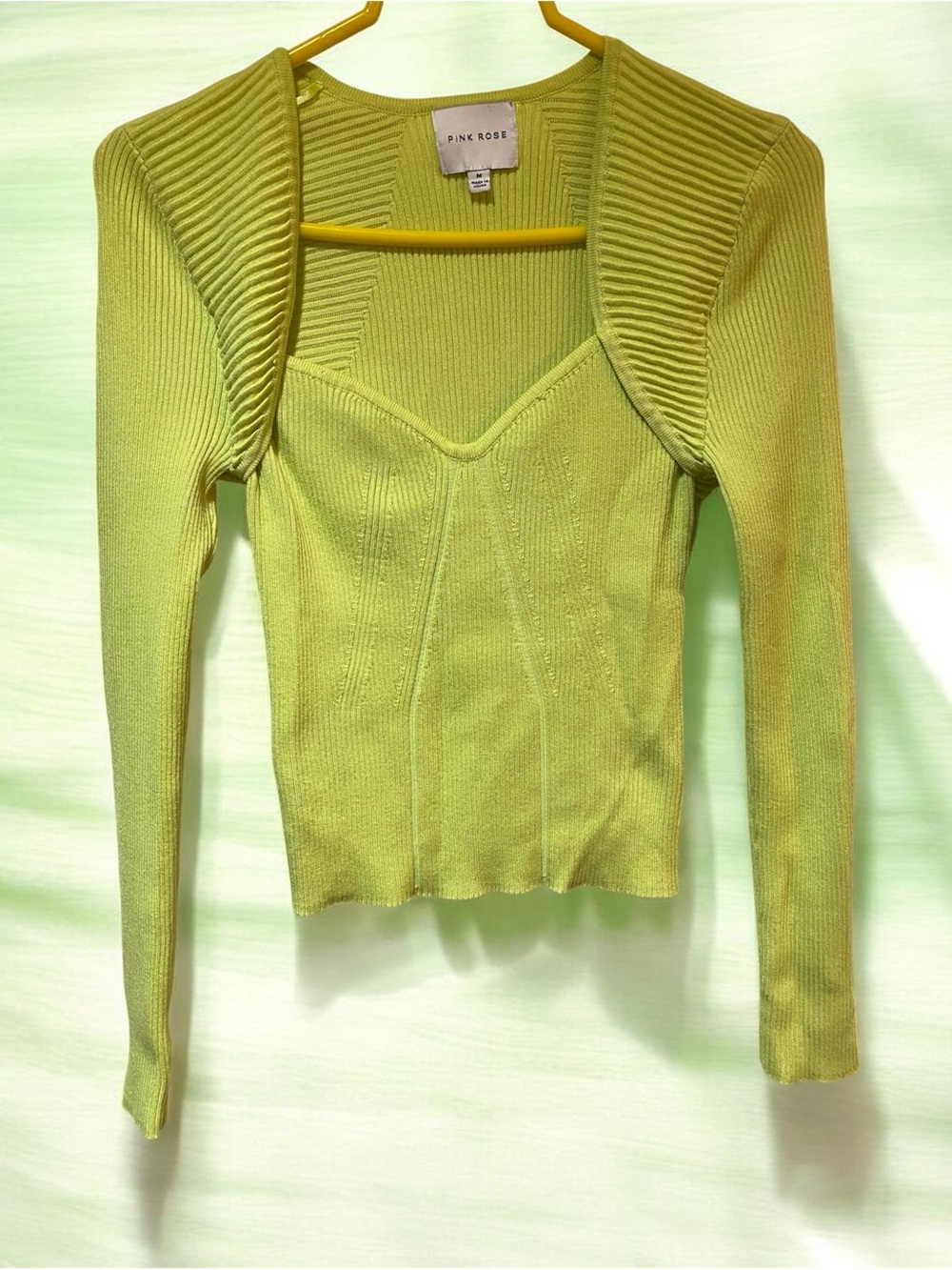 Pink Rose Neon Lime Ribbed Knit Top Medium /fits M/L / Rayon Polyester